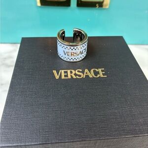 Versace Silver Metal & Blue Enamel Brand New 90’s Logo Ring IT Size 17 = 8.5 US